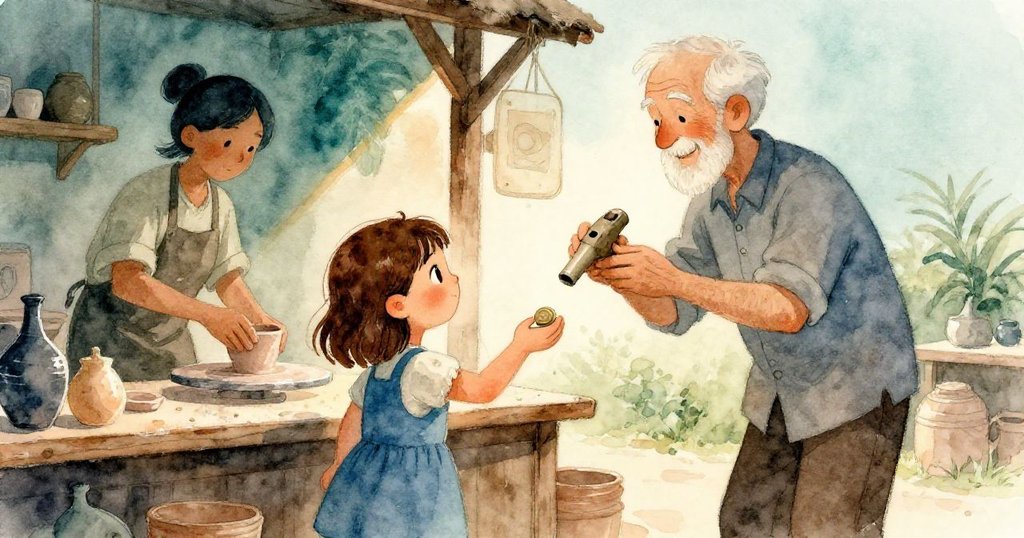 妮娜滿臉笑容將硬幣遞給攤販，爺爺手持陶笛欣慰點頭，場景充滿家庭溫暖與努力達成的喜悅