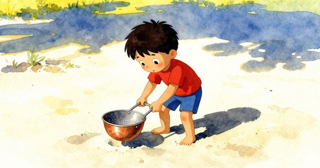 科爾在早晨金光中傾斜的畫面中動作迅速地將帶銅光的篩子放在淡色沙盤上，充滿期待與探索感。