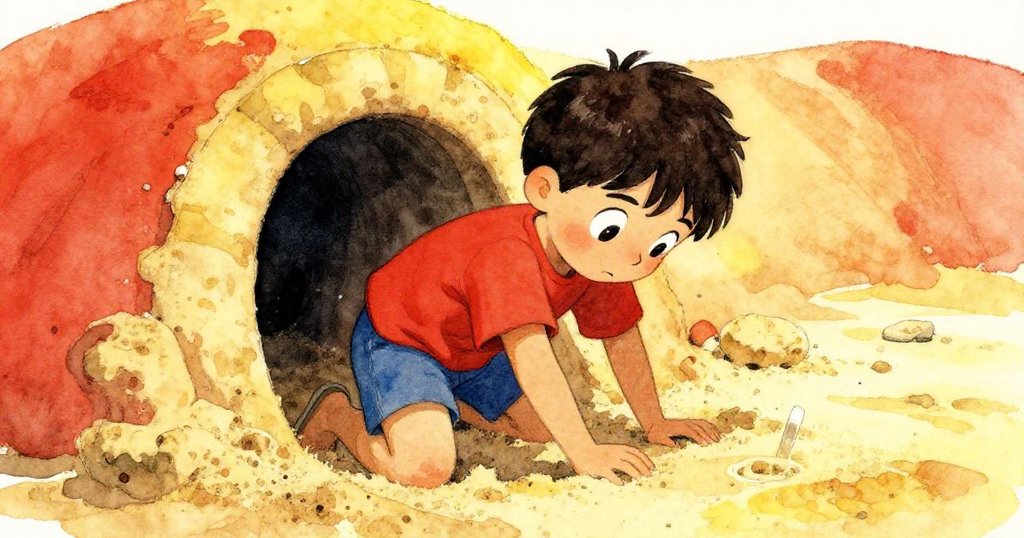 科爾在低角度鏡頭下，專注地用心雕刻沙子中一扇小門，動作專注且充滿創造精神。