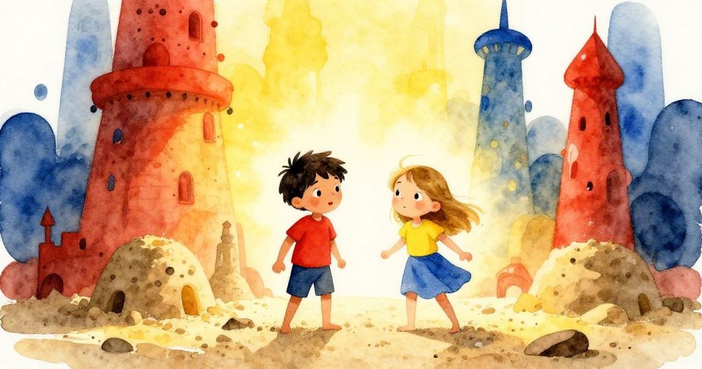 科爾與艾達並肩站在現實與幻想疊加的沙堡旁，真實沙紋與夢幻輪廓交融，展現童心與創意。