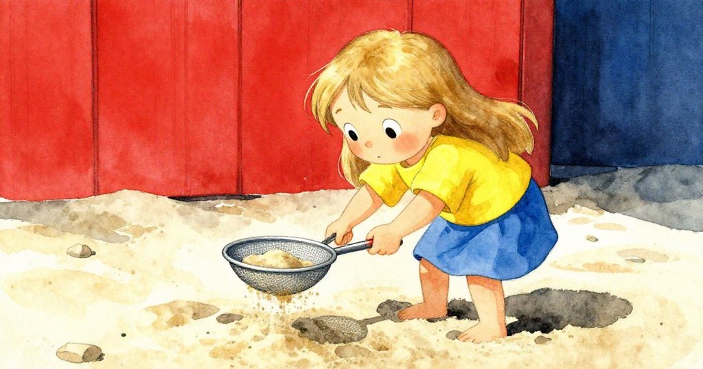 艾達面帶決心，專注地用水桶邊緣輕敲被濕沙堵住的篩子，表情認真而充滿挑戰精神。