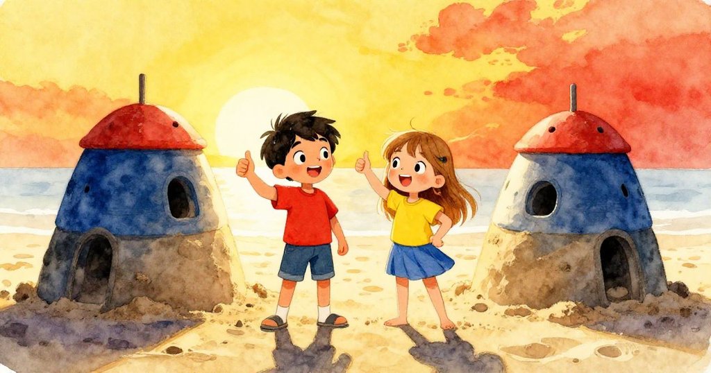 在溫暖夕陽下，科爾與艾達滿足地欣賞完成的雙重沙室，身旁沙粒飛揚，兩人互相豎起大拇指慶祝創意成果。