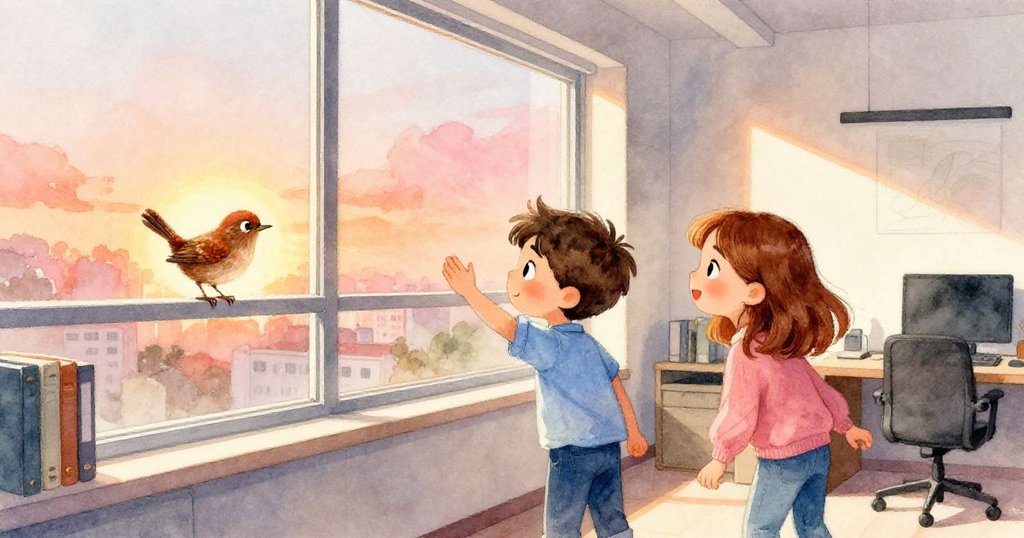 Sam在溫暖辦公室呼喚，Clara轉身望向窗邊，小鳥在窗架上搖動尾巴，陽光灑落，現場充滿期待與好奇。