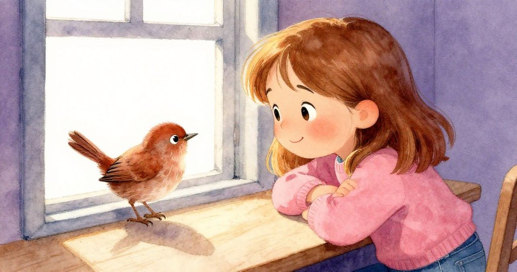 Clara靠在窗桌前，臉上露出溫柔笑容注視小鳥，桌上工具反射柔和光芒，現場充滿驚喜與溫馨。