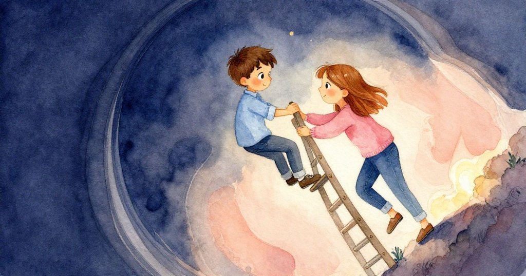 Sam與Clara協作攀扶梯子，畫面以扭曲視角展現動感與緊張合作，溫暖燈光映襯，情緒充滿默契與專注。