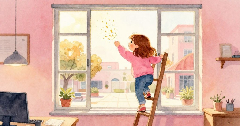 Clara攀爬梯子推開上層窗閂，溫暖氣流夾帶咖啡香與草香瀰漫辦公室，窗外庭院若隱若現，動作充滿探索。