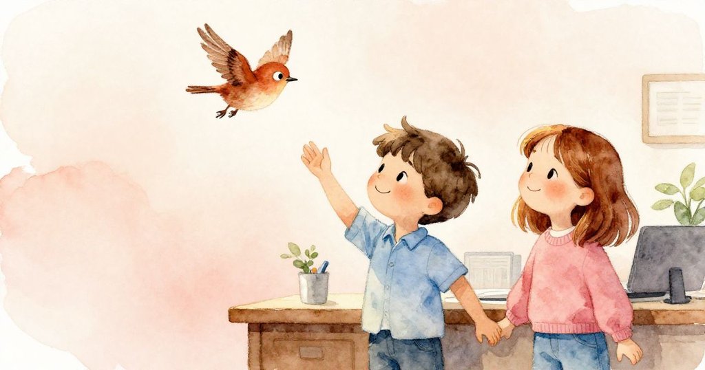 小鳥急速飛離空中，Sam與Clara微笑告別充滿溫馨，室內餘光熹微，場景展現靜謐與共同成就的篇章。