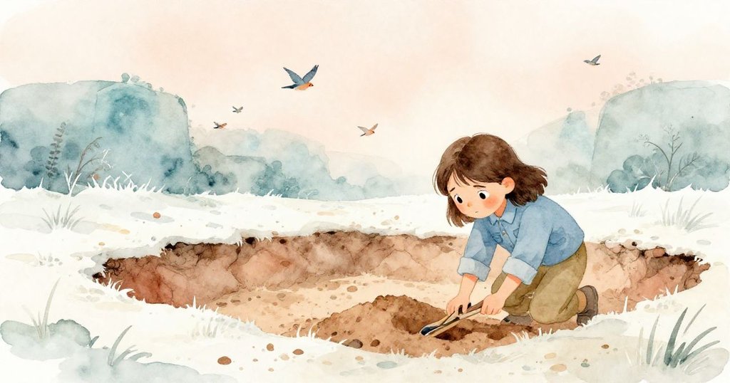 弗洛拉在發光坑底上揮動鐵鍬，周圍小鳥飛舞展現工作熱情，開始探索神秘地層。