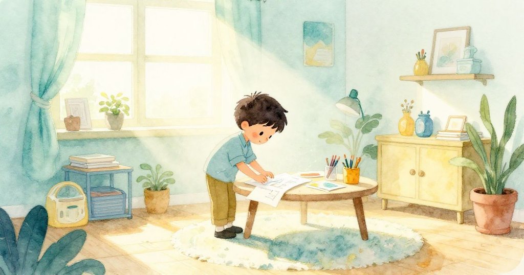 克魯茲在晨霧中於工藝桌前閱讀報紙，神情專注，桌面上散落灰塵，背景散發柔和自然光線。