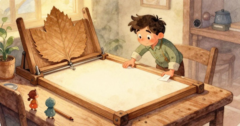 克魯茲小心觸摸粘附在報紙的灰色黏土，手部特寫展現趣味質感，背景溫柔明亮，充滿好奇。