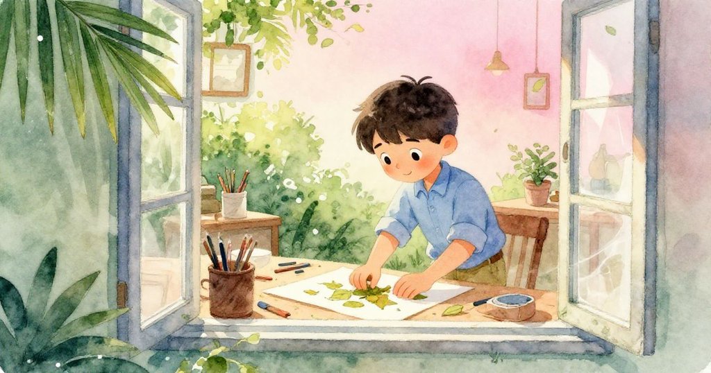 克魯茲透過開窗陽光下整理葉子，微風吹動紙張，窗外自然景色輕柔鮮豔，神情充滿期待與溫暖。