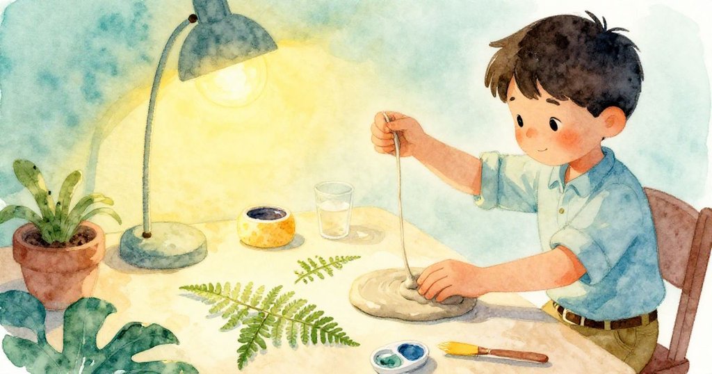 克魯茲正專注地用手將黏土拉成繩狀，壓住蕨葉後用海綿狀墨水製作細膩印痕，燈光溫暖明亮。