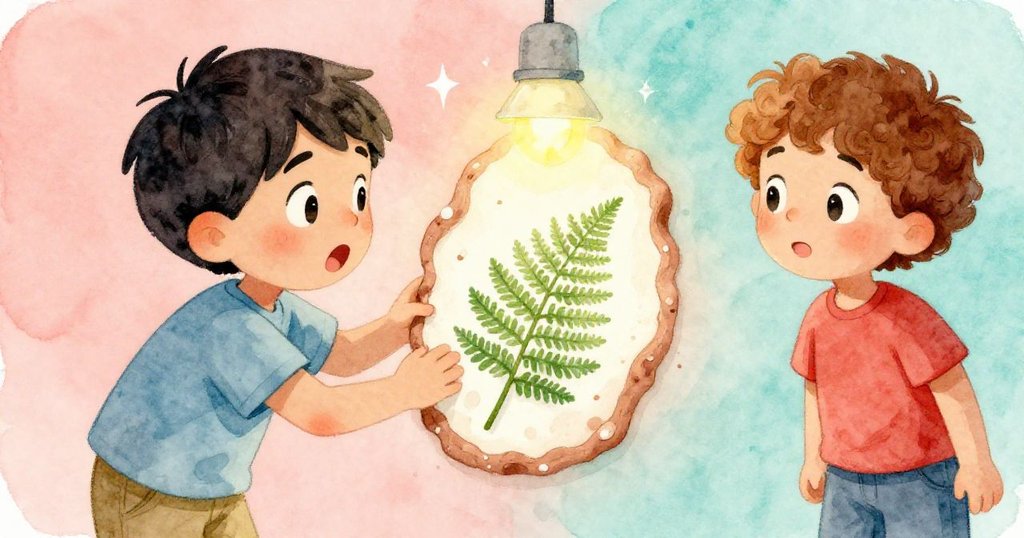 克魯茲驚喜地揭開葉印呈現清晰紋理，臉上流露好奇神情，懷亞特走近觀察，場景細膩溫馨，光影閃爍。