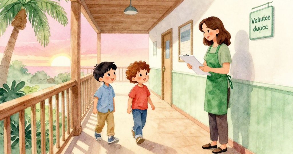 克魯茲與懷亞特正離開創作空間，志工身著綠圍裙在走廊翻閱板冊，木質欄杆襯托出溫馨告別情景。