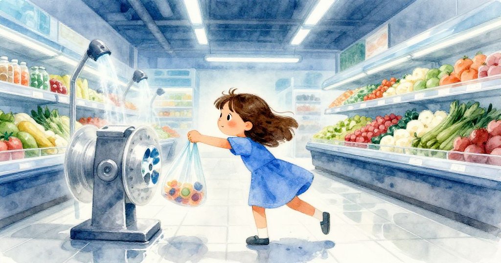 Dina 在充滿藍光的超市蔬果區拉出塑膠袋，背景濕潤反光，表情專注且充滿活力，營造現代冷冽氛圍。