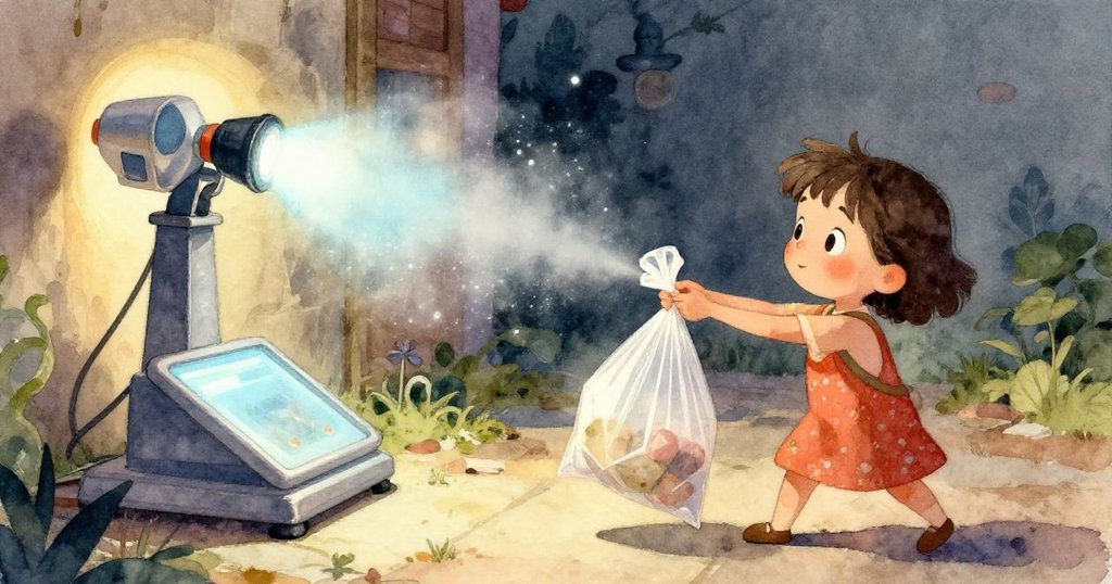 Dina 的手在細緻刻畫中拉扯塑膠袋，明亮柔和光線下展示捲軸細節，象徵故事開端，充滿期待感。