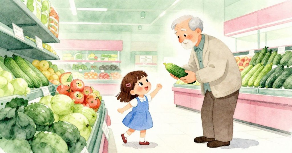 低角度展現 Dina 與爺爺在蔬果區互動，Dina 積極採收水果，爺爺對比黃瓜，溫馨親切，背景角落細緻呈現市場氛圍。