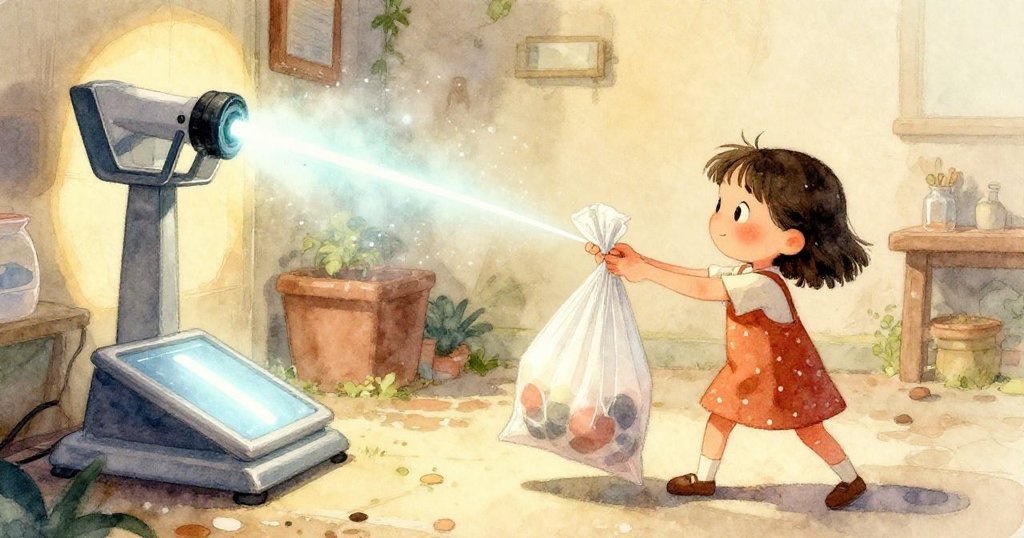 低位視角下，冰藍光映照下的桃子在濕亮地磚上滾動，背景中隱約見到 Dina 的籃子，營造出清冷動感景緻。