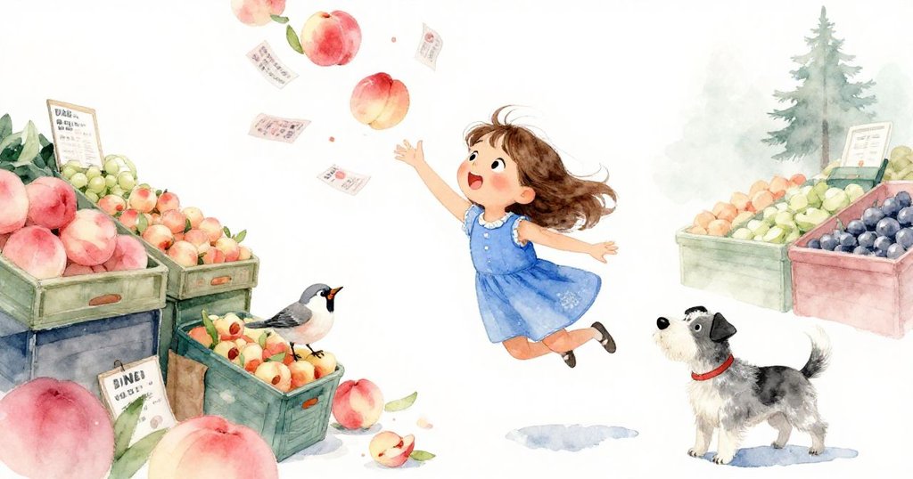 Dina 驚愕表情中躍起阻擋滾動桃子與飛散價牌，旁有驚嚇麻雀和反應迅速的狗，場景充滿突發熱鬧氣氛。