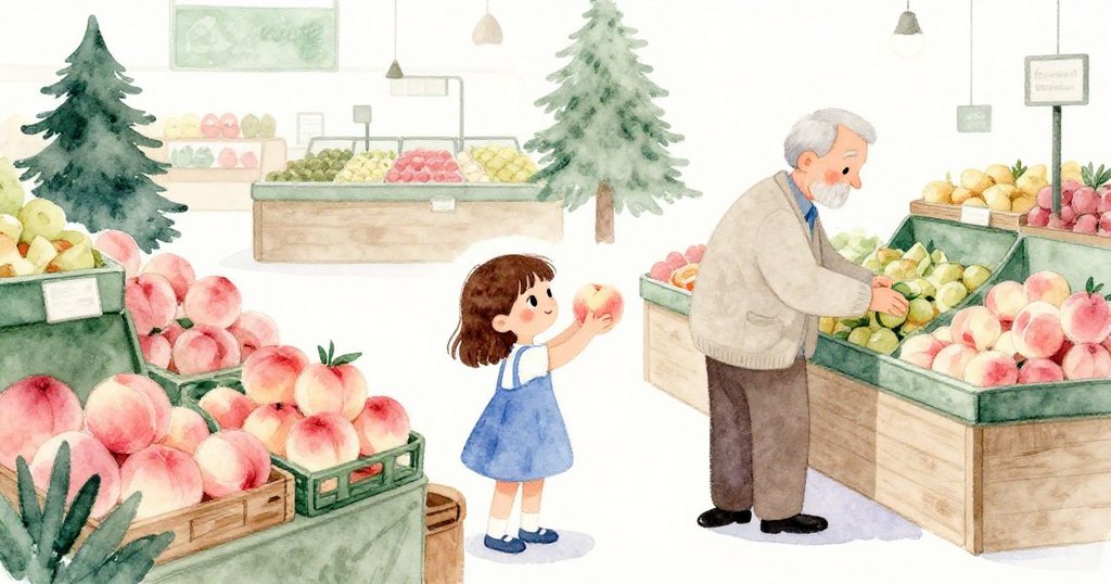 Dina 快速收集散落桃子，爺爺整頓果品，超市蔬果區逐漸恢復平靜，二人展現安心滿足笑容，結尾溫馨動人。