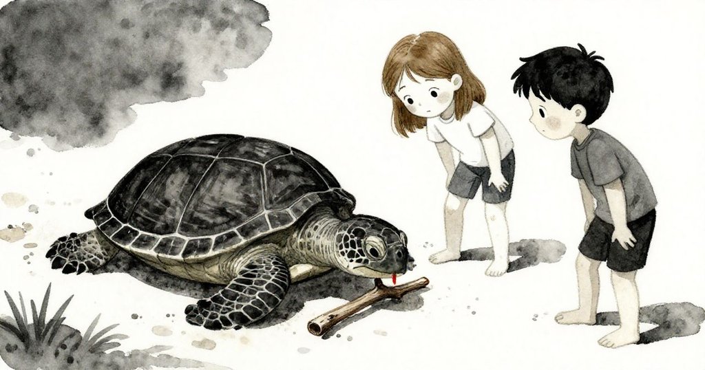 Greer用木棍迅速描繪海龜輪廓，Finn表情關切地注視破損木枝，沙灘上光影分明，情感交織。