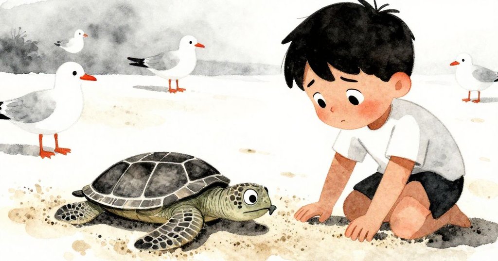 Finn站在海龜圖旁，警覺阻擋海鷗足跡，臉上流露堅定與關切，海灘風情溫柔。