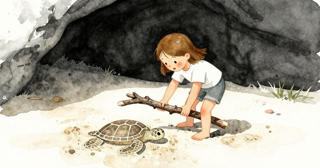 Greer從隱蔽海灘角落急速回來，手握堅固樹枝準備完善海龜圖，神態堅定充滿期待。