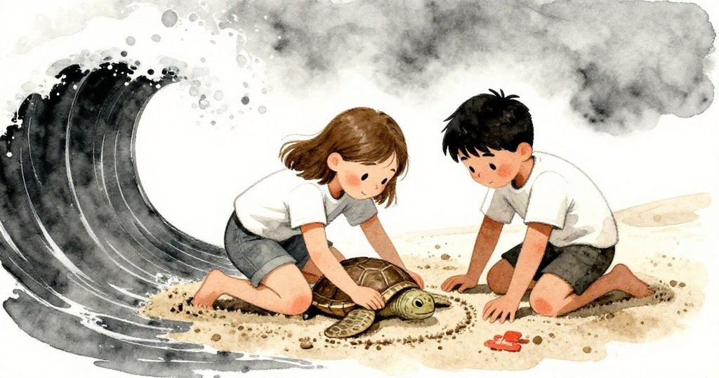 Greer與Finn急速蹲下修補海龜圖，巨浪猛然拍打沙面，兩人表情緊張又堅定，場面充滿張力。