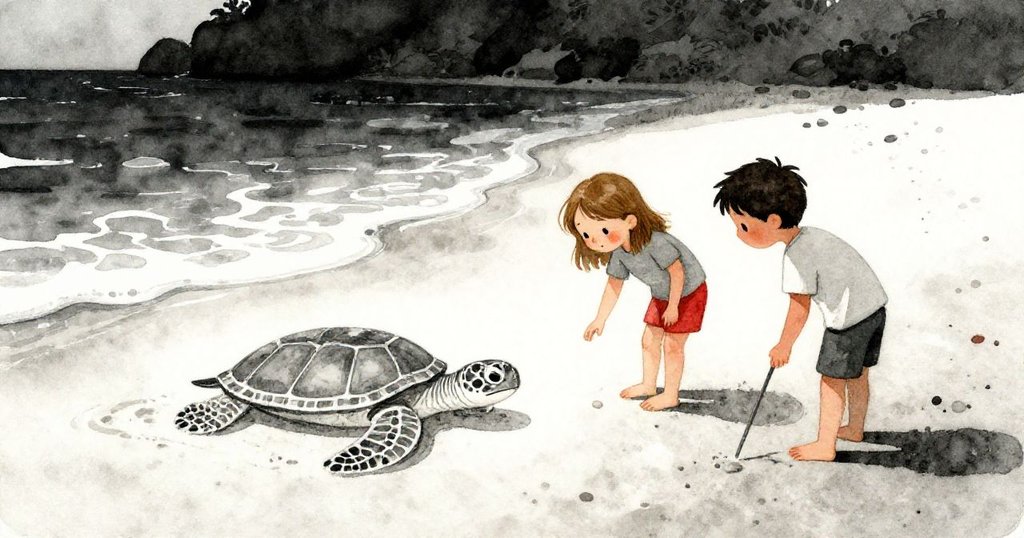 Greer與Finn停步欣賞略顯壓縮但美麗交織的海龜圖，潮水緩緩逼近，夕陽下兩人神情平靜滿足。