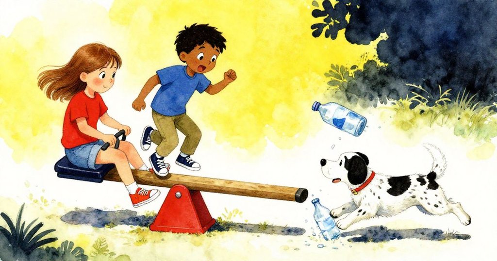 Mae小心滑動鞦韆,Cyrus驚訝注視,鏡頭一半呈現活潑狗兒撞翻水瓶,動靜皆具精彩情節。