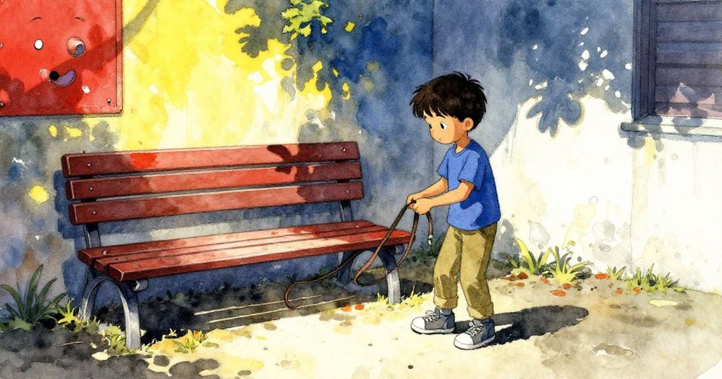 Cyrus在遊樂場隱蔽角落彎腰撿拾散落牽繩,謹慎動作中展現隱藏場景細緻光影。