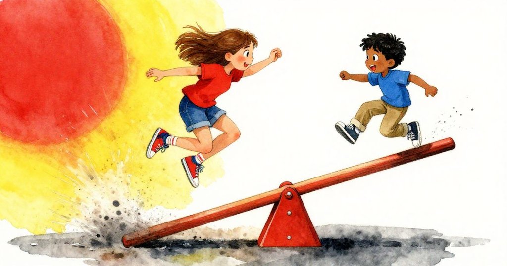 Mae急速跳離倒塌搖搖板,Cyrus緊隨其後,動態畫面中展現迫切情緒與飛揚落塵。