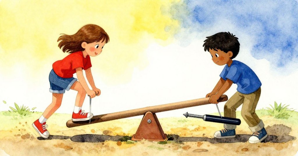 Mae與Cyrus在充滿飛砂的搖搖板前協力調整位置,銀色螺絲閃耀引導,呈現平和團隊合作結局。