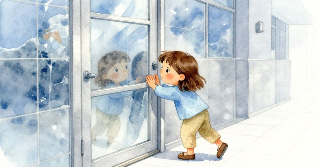 Tamsin在瓷磚走廊中輕推玻璃門，水滴映出微光，表情專注迎接冒險初始，環境充滿神秘與期待。