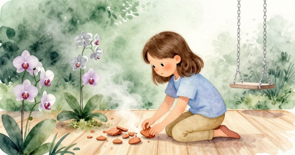 從背後看見Tamsin仔細放置陶片，背景有蘭花、木板及噴霧，神情專注展現探索過程的細膩情境。