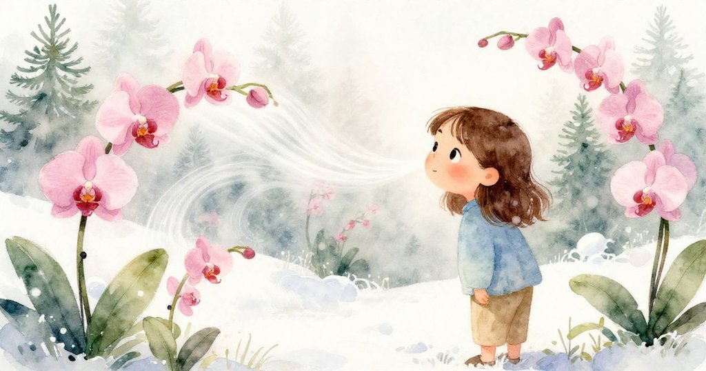 Tamsin在溫柔光影中注視著起伏霧氣與輕搖蘭花，神情平靜細膩，展現等待與精心觀察的時刻。