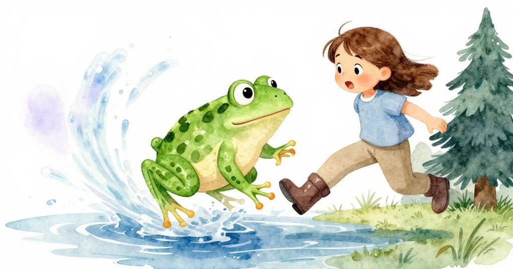 小綠蛙隨著水流飛躍而起，Tamsin驚喜低頭觀察，水流與瓷磚反射出冰藍與柔紫光影，展現冒險高潮。