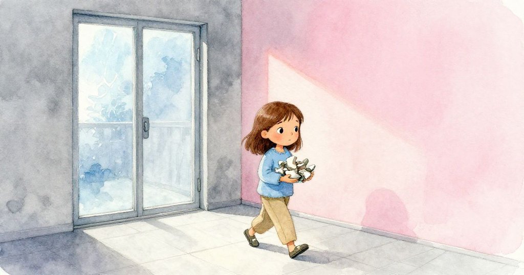 Tamsin手捧陶器碎片沿走廊緩步離去，背景玻璃門輕閉，環境散發冰藍與柔粉光暈，展露完成使命的沉靜與溫馨。