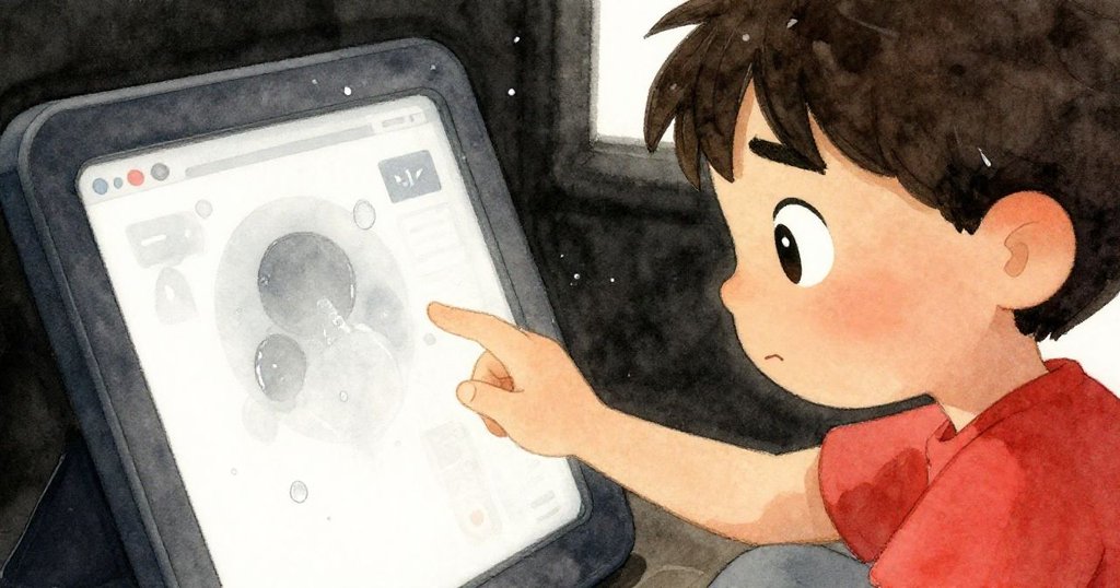 Jasper專注用手指觸碰濕滑觸控屏，臉上流露出決心與微緊張，水珠在屏上閃耀映衬現代科技感。