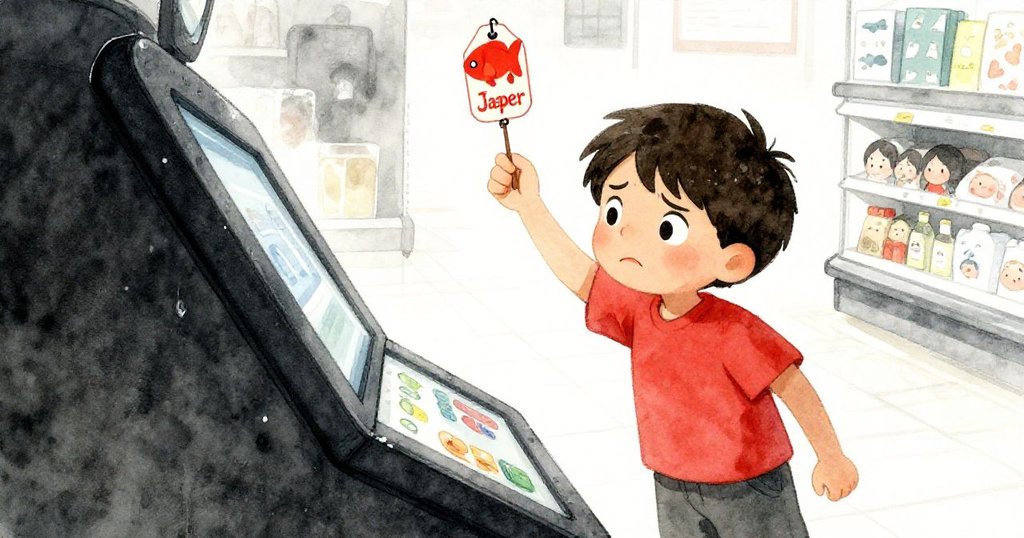 Jasper揮舞著誤印燈籠魚標籤，神情焦急與失望，濕潤屏幕與傾斜構圖突顯現代超市緊迫情境。