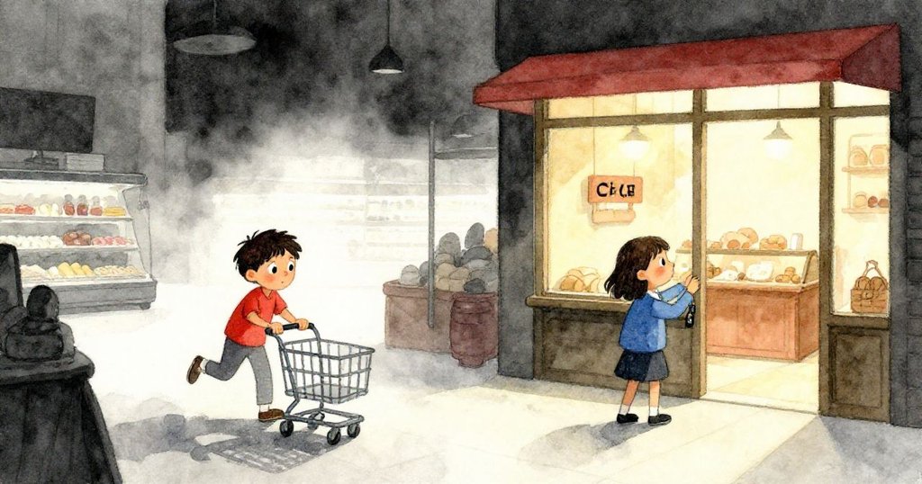 Jasper與Faye推著車走向烘焙店，室內濕冷與門外溫暖光線交錯，兩人忙碌卻滿懷希望，情節轉換明顯。