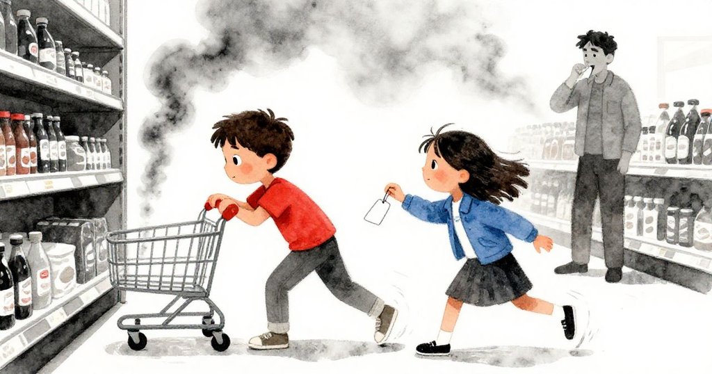 Faye努力穩定卡住的推車，Jasper迅速換貼正確標籤，背景顧客咳嗽，場景緊湊顯示急促氛圍與忙亂情節。