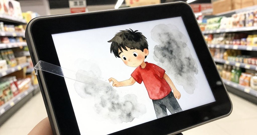 Jasper凝視乾涸觸屏上殘留的塑膠條，室內燈光昏暗透露靜謐情緒，故事落幕卻暗示著續篇。