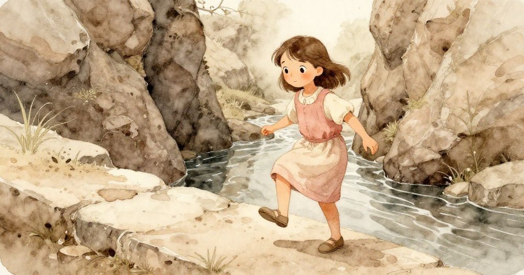 Maeve 從古老砂岩入口邁步出發，濕潤石面與溪流映襯背景，臉上流露出期待與平靜。