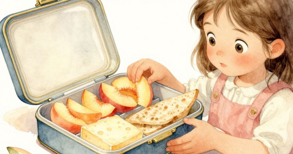 Maeve 輕打開精緻午餐盒，內有桃片、奶酪及薄餅細節豐富，背景隱約見石與水，流露專注與溫柔。