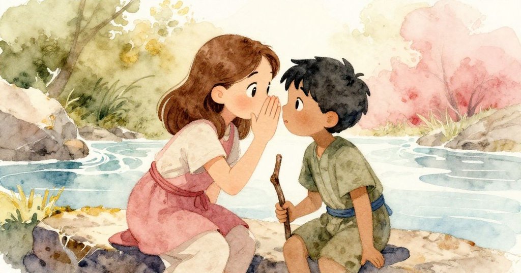 Maeve 輕聲密語，Briar 手握木棒止動計數，兩人互動中展現默契與纖細情感，背景石與流水襯托。