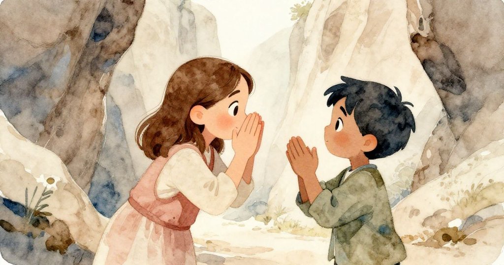 在寧靜峽谷中，Maeve 輕語回聲交織，Briar 舉手待擊掌，落花與石紋象徵自然和諧與內心平靜。