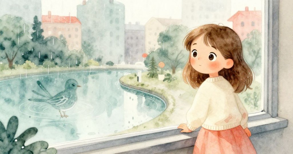 玻璃上映出Kira所畫的小鳥與彎曲池塘，雨中反射融合外界景致，展現夢幻融合。