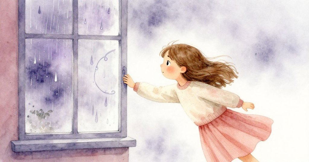 Kira在超現實窗面上分裂成兩區時重畫曲線，一邊雨滴迅速、一邊霧氣濃密，動感十足。