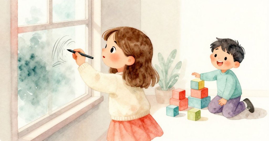 Kira邊畫窗上線條，背景中Joy用積木嬉戲，兩人互動共享創意，溫馨又生動。